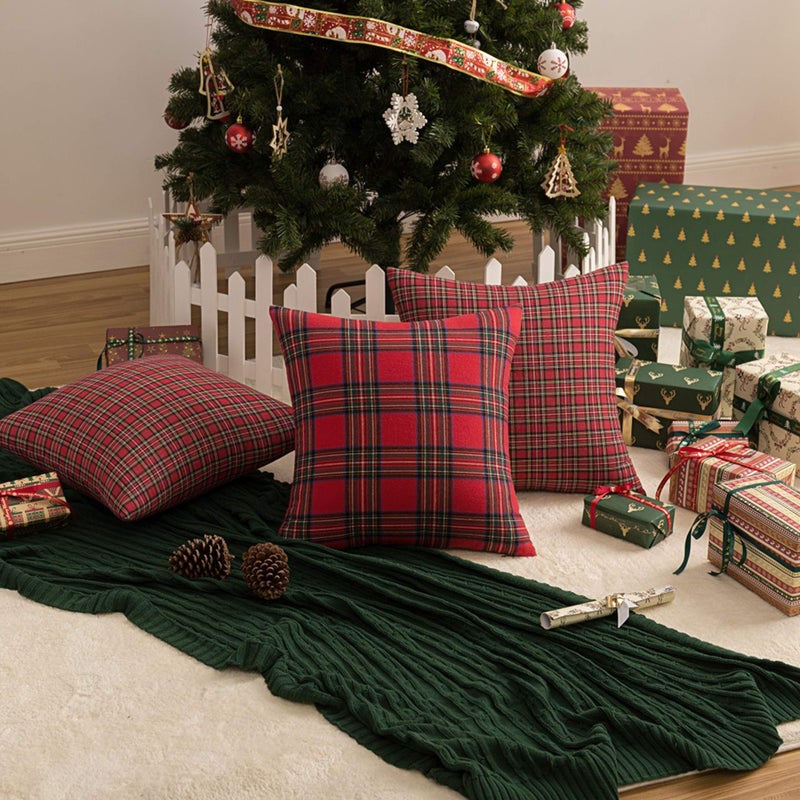 AQOTHES Pack of 2 Christmas Plaid Decorative Throw Pillow Covers Scottish Tartan Cushion Case for Farmhouse Home Holiday Decor Red and Green  20 x 20 Inches - Image 5